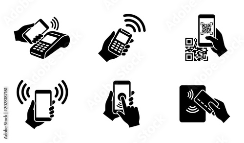Mobile Payment Icons: Contactless Transactions, QR Code Scanning, NFC Tap, Digital Wallets, Vector Set