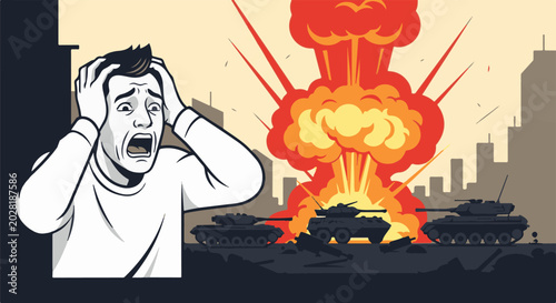 A terrified person watches as tanks roll through a city during a massive explosion