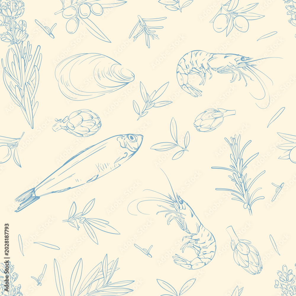 Fototapeta premium Summer Mediterranean vector seamless print with hand-drawn seafood, vegetables, and spices. Amalfi Coast. Italian vacation. Vector design for cards, banners, kitchenware, menus, and covers.