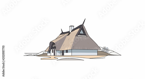 A thatched-roof house with a chimney sits on a sandy dune