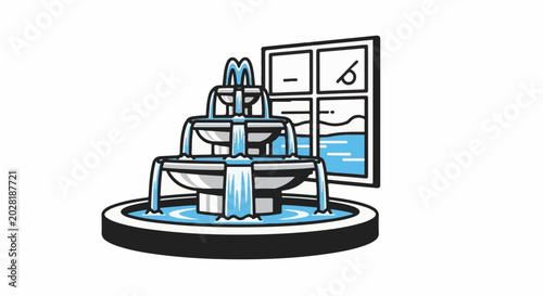 A tiered fountain cascades water beside a grid window showing a wavy landscape and water