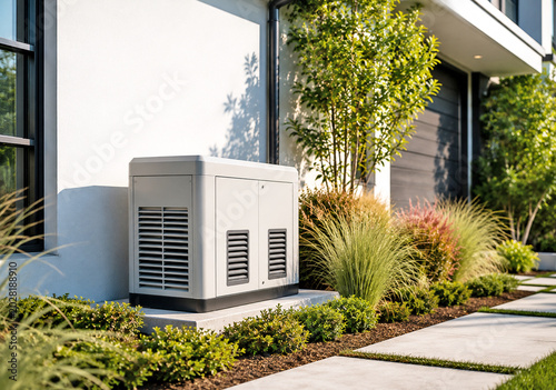Backup generator and heat pump beside modern luxury house exterior
