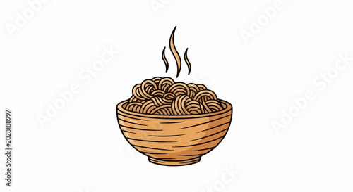 A warm bowl of noodles steaming, presented in a rustic wooden dish