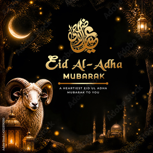 Luxury Eid ul Adha Mubarak Greeting Social Media Template, Eid al Adha, Elegant design, Festival of sacrifice, Happy Eid Ul Adha poster,Arabic Islamic calligraphy of text Eid Adha Mubarak