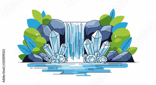 A stylized waterfall cascades over rocks, surrounded by glowing crystals and lush foliage