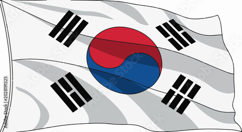 A stylized, waving flag with a white background, red and blue central circle, and four black trigrams