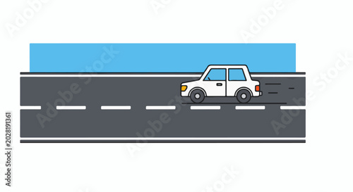 A stylized white car drives along a grey road with white lane markings under a blue sky