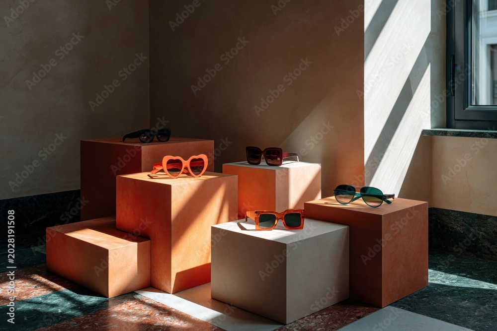 Fototapeta premium Multiple stylish sunglasses on stacked cubed pedestals in dramatic window light for summer product banner and retail display design