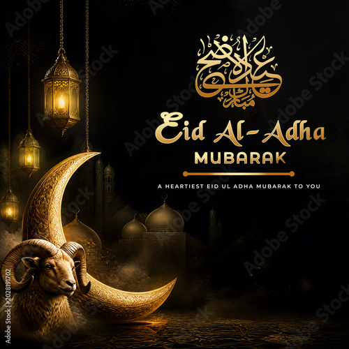 Luxury Eid ul Adha Mubarak Greeting Social Media Template, Eid al Adha, Elegant design, Festival of sacrifice, Happy Eid Ul Adha poster,Arabic Islamic calligraphy of text Eid Adha Mubarak