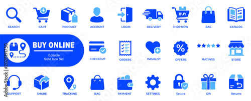 Editable solid icon set for buy online with search cart product account login delivery shop now bag catalog checkout.