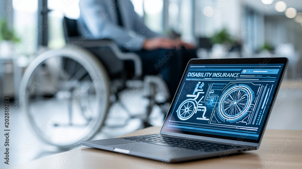 Fototapeta premium Close-up of a digital disability insurance coverage displayed on a laptop with a wheelchair in background, disability insurance concept, laptop coverage photography, accessibility