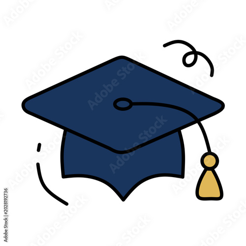 Obraz na plátně Navy blue graduation cap mortarboard with yellow tassel tossed in the air with d