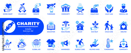 Obraz na plátně Charity solid icon set featuring giving heart volunteer fundraise community food aid medical aid child care and shelter service icons