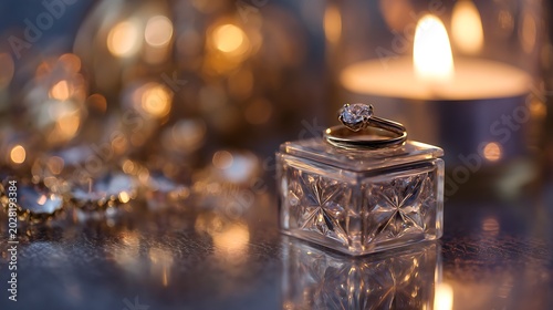 Beautiful diamond engagement ring on a vintage glass trinket box.