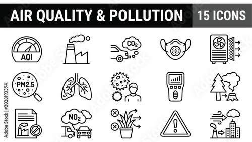 Foto Air quality and pollution icon set, 15 environmental line icons, carbon emission