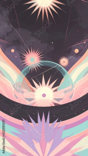 Ethereal Cosmic Tapestry Unveiling Radiant Celestial Bodies Amidst Soft Pastel Hues and Abstract Galactic Patterns, a Dreamlike Vision of Infinite Wonders
