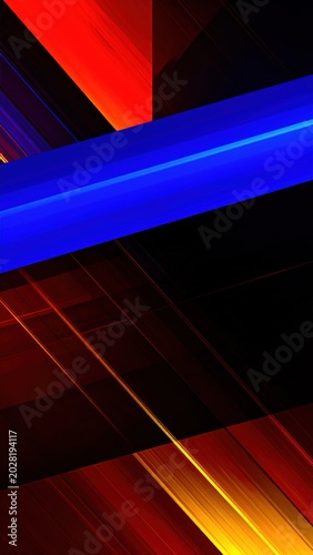 Abstract geometric composition with vibrant diagonal lines of blue, red, and yellow light creating a dynamic and energetic visual spectrum