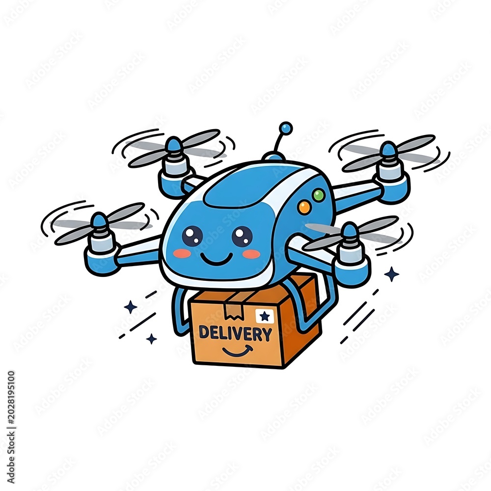 Fototapeta premium Smiling blue drone delivering package.