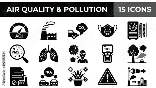 Bild auf Leinwand Air quality and pollution icon set, 15 black vector icons for environment and sm