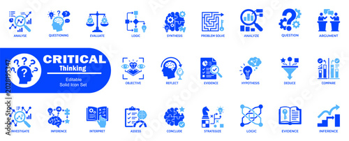 Bild auf Leinwand Advanced critical thinking and logical analysis icon set showing investigative research evidence assessment and strategic conclusion steps