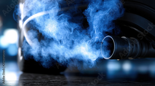 Car exhaust emission smoke pollution closeup vehicle tailpipe fumes blue smoke environmental concept automotive air pollution toxic gas climate change concern