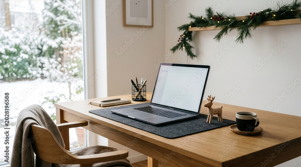 Fototapeta premium Minimalist Home Office Setup with Open Window and Cozy Scandinavian Design