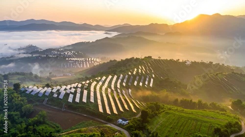 Rolling green hills blanketed with solar panels, a road, and fog at dawn with bright sunlight