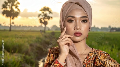 Woman in headscarf with hand on cheek in field at sunset