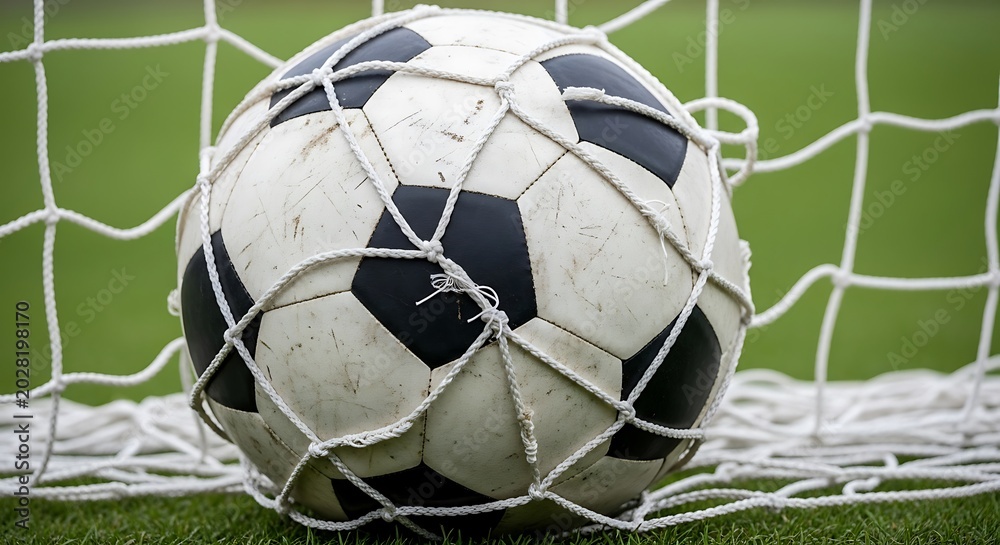 Naklejka premium Soccer ball in goal net, scoring a point