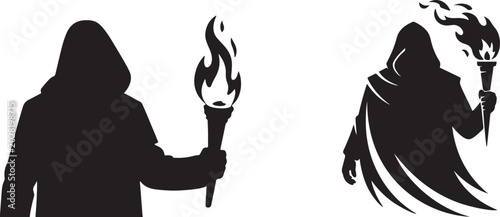 Tableau sur toile Mysterious hooded figure holding a flaming torch