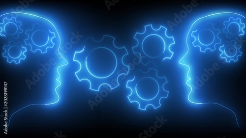 Two blue neon profiles of human heads with interlocking gears. Human resources symbol for corporate collaboration professional brainstorming. Digital head animation for team.
