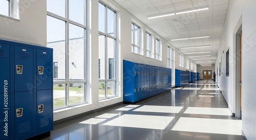 Long Bright School Hallway with Blue Lockers and Large Windows