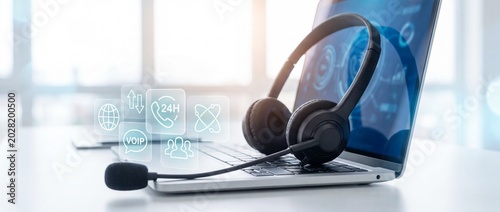 Customer service headset on laptop with voip icons for 247 support and communication technology