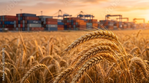 Golden wheat field in front of a busy shipping port at sunset