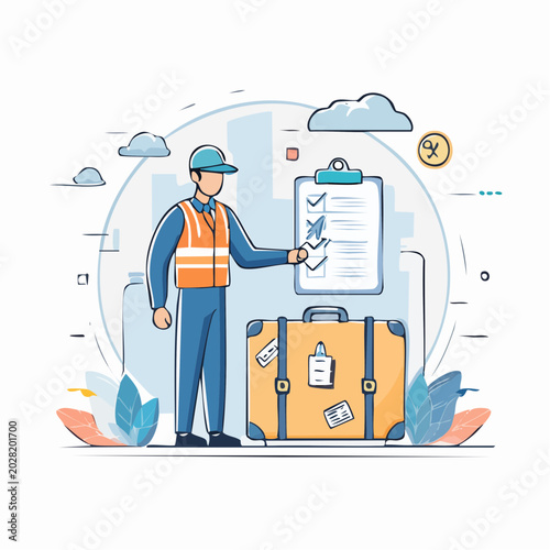 Logistics Worker Checking Checklist Next to Luggage