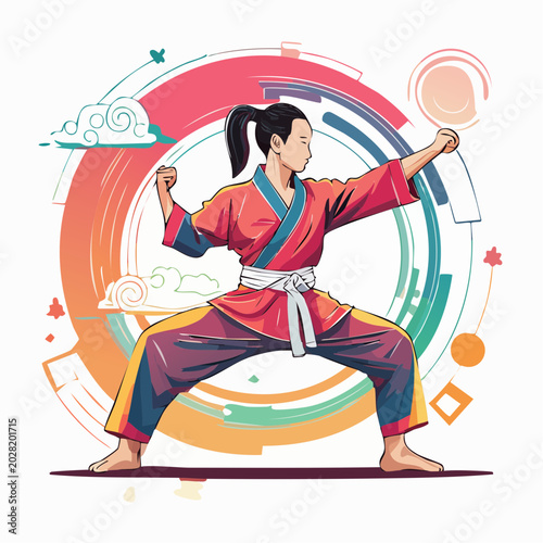 Martial Arts Practitioner in Dynamic Pose with Abstract Background