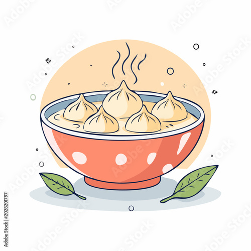 Steaming Bowl of Dumplings in Broth