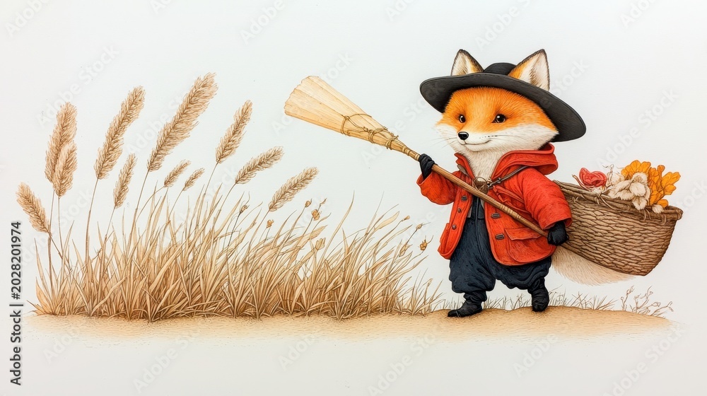 Naklejka premium Cute fox wearing hat and coat, carrying basket with flowers in serene outdoor setting