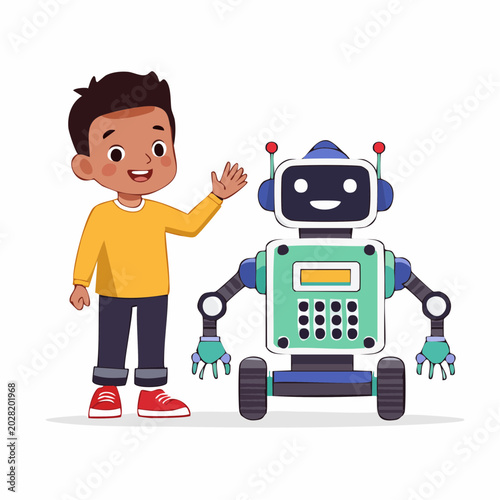 Boy Waving Hello to a Friendly Robot