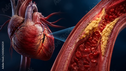Coronary Artery Disease with Blocked Artery and Human Heart Anatomy, Cardiovascular Medical Illustration