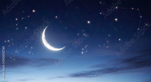 A magical night sky background featuring a bright, luminous crescent moon shining through soft clouds, surrounded by shimmering stars and connected constellation lines in a deep blue twilight sky.