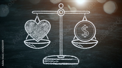 Chalk drawing showing a balance scale with a heart and a dollar coin symbol, depicting concepts of value, choice, and equilibrium