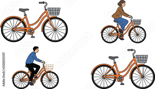 Photos City bicycle vector set with basket featuring orange cruiser bikes and people ri
