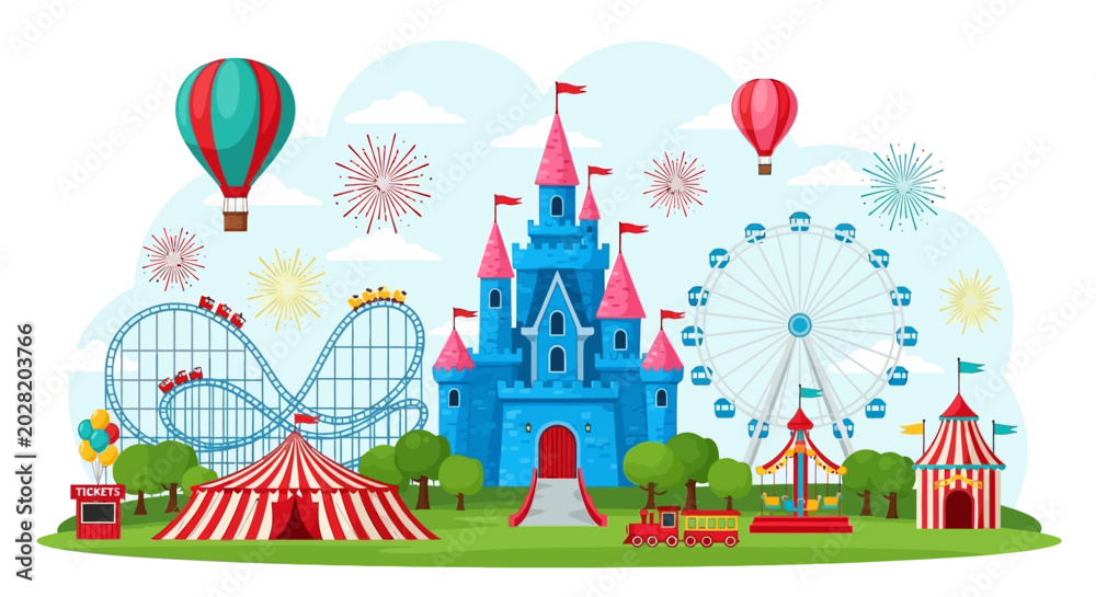 Obraz premium Colorful amusement park, cartoon castle, fairground rides, vector illustration