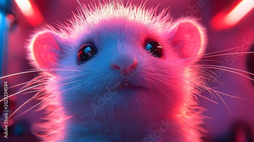 Cute 3D stylized fantasy animal character with big ears and glowing pink neon light whiskers portrait