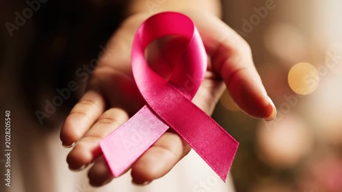 Woman holding pink awareness ribbon for breast cancer support