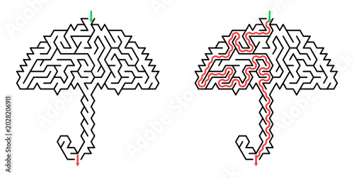 Photos Umbrella maze illustration with red path and green starting point