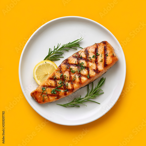 Grilled salmon fillet served on a white plate with lemon and rosemary, featuring juicy texture and bold grill marks.