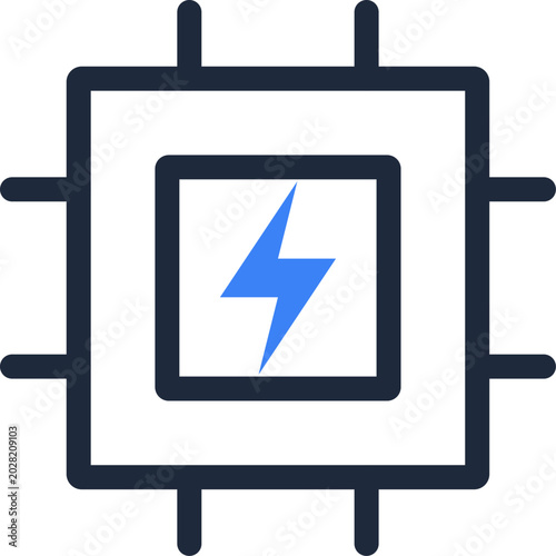 Minimalist CPU microchip processor icon with blue lightning bolt symbol representing high performance computing and fast data processing speed