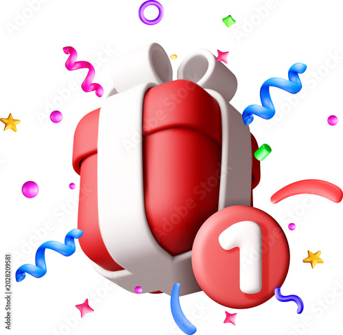 3D Red gift box with number one icon and confetti